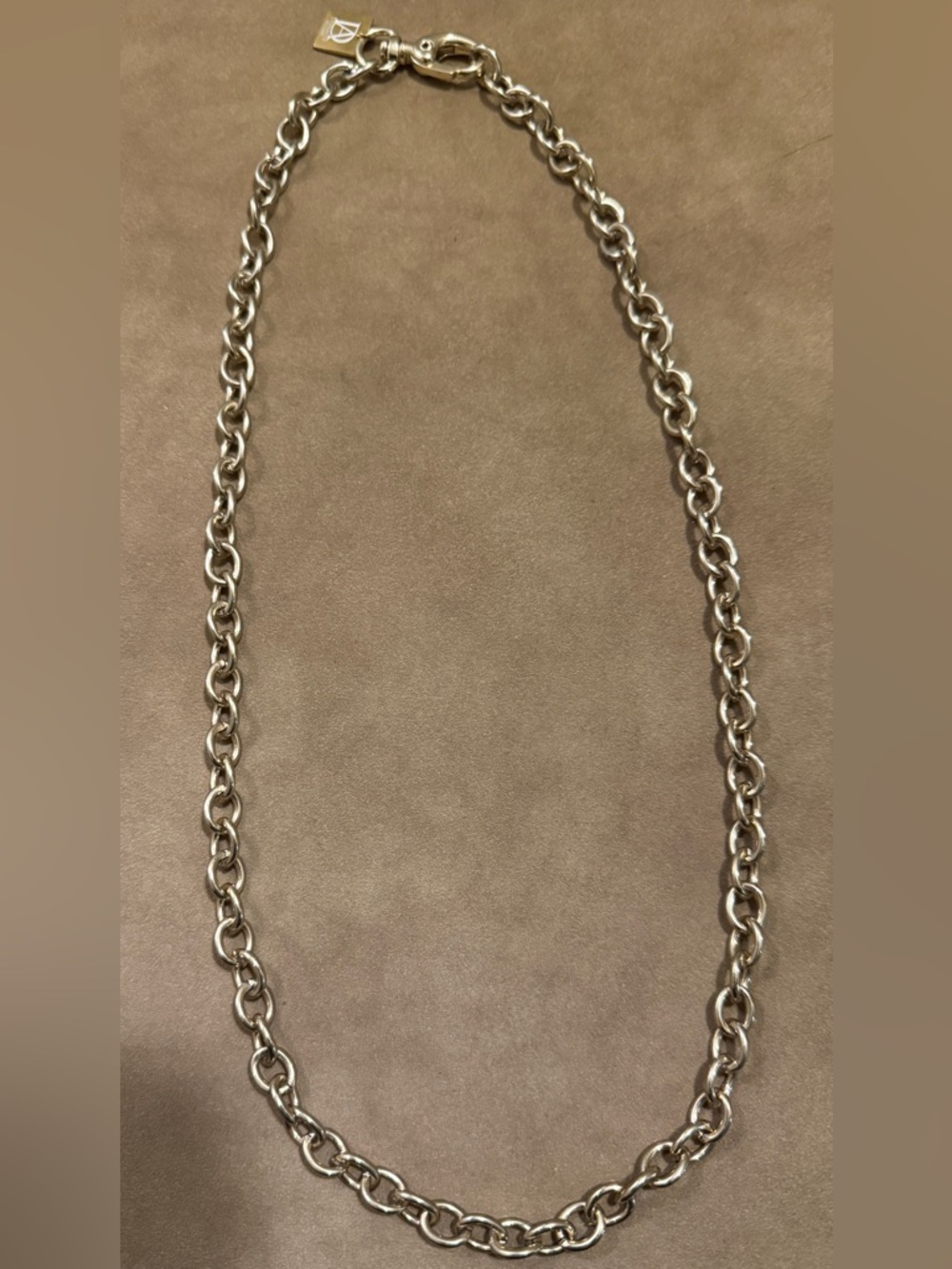 Gold Tone Oval Link Necklace with Tag and Lobster Clasp